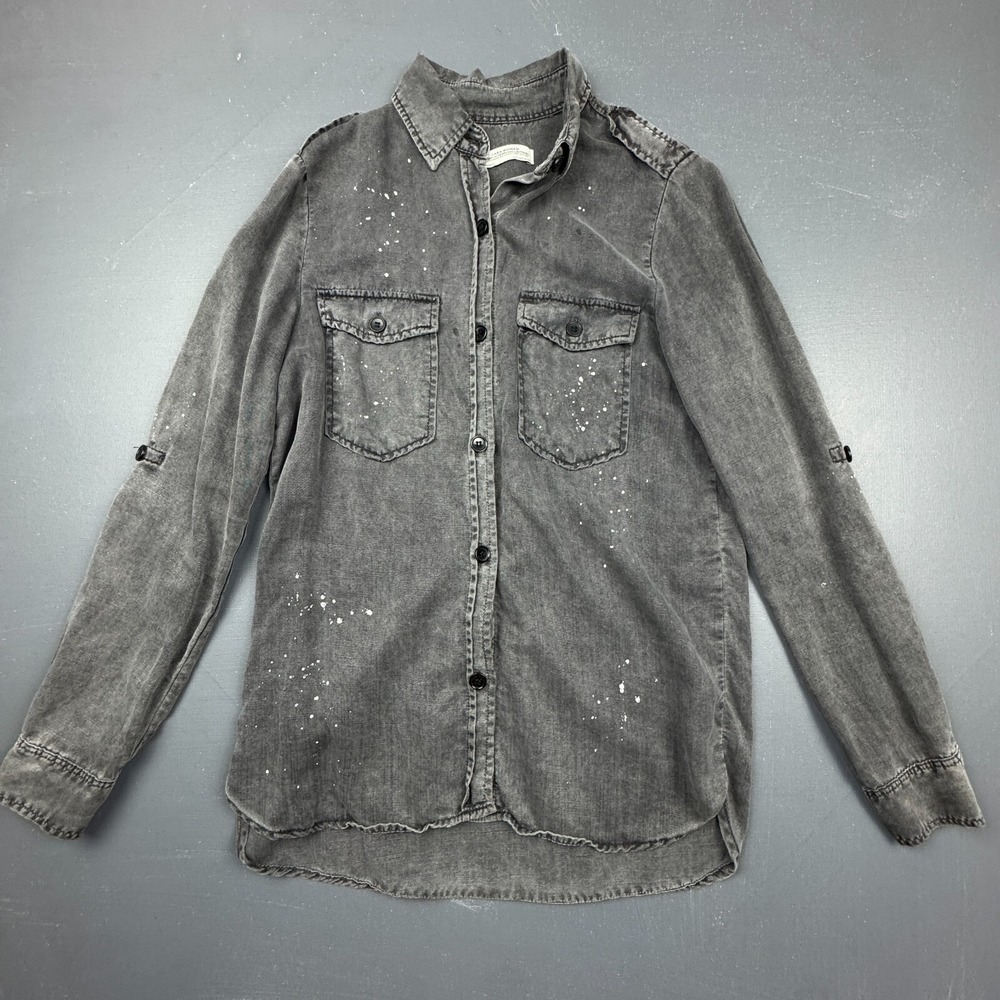 Zara Women's Small Gray Denim Shirt Button Down Long Sleeve Distressed Casual
